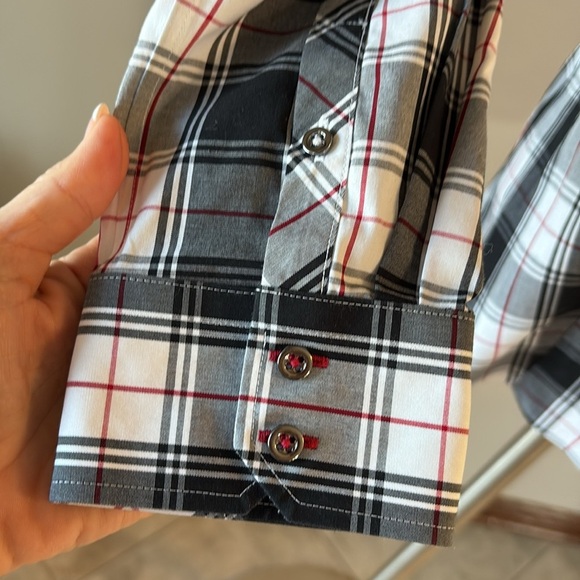 Talbots non iron cotton perfect shirt parade plaid collared blk wht red buttoned - Picture 5 of 12